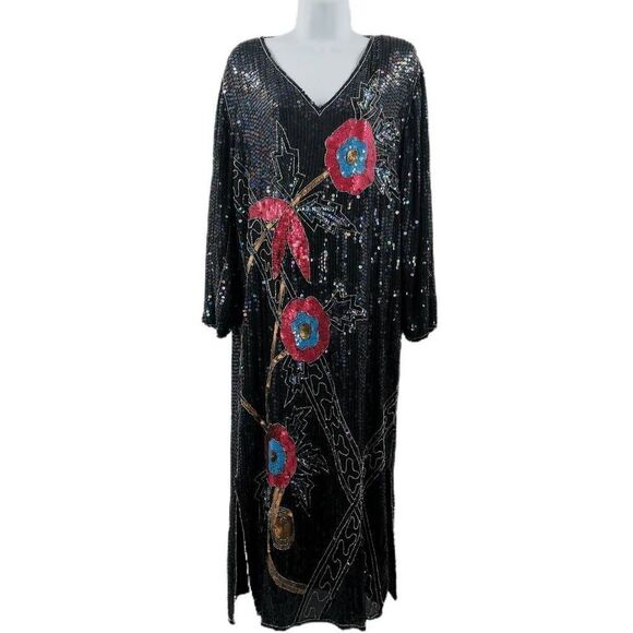 Vintage Black Silk Dress Hand Embellished in a Beaded/Sequin Floral Design | Siz - Picture 1 of 5